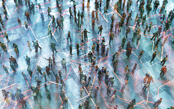A crowd of people viewed from above superimposed with lines suggesting digital networks.